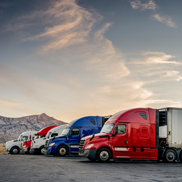 Red White and Blue Parked Trucks Lined up at a Truck Stop in the wintertime in Utah